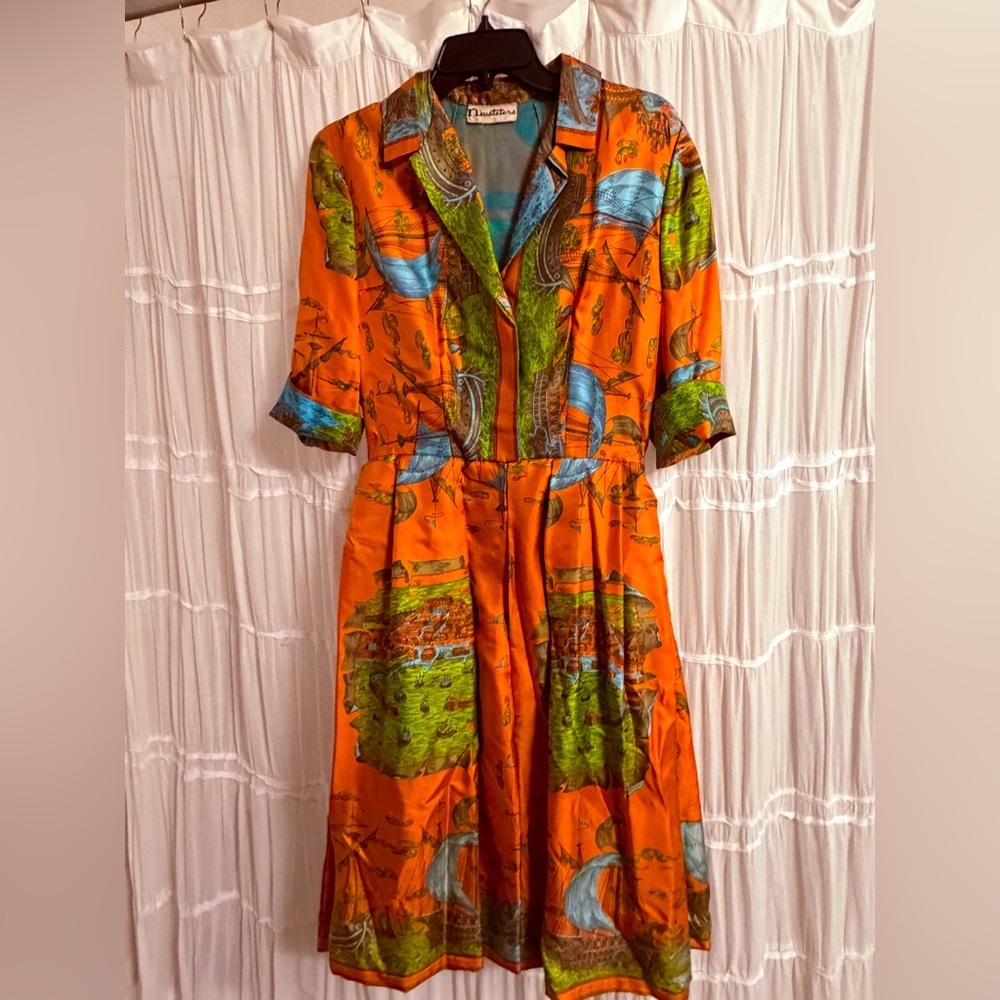 Vintage Holly Hoelscher California Shirt Dress in Orange Silk (MCM, 1950s/1960s)